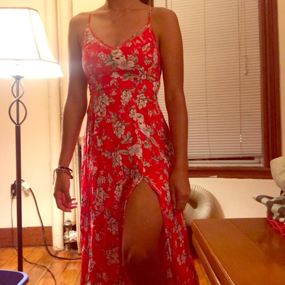 Red floral midi dress with slit :)